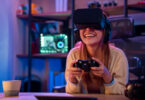 Health tips for gamers woman playing video games with a joystick and VR headset at home