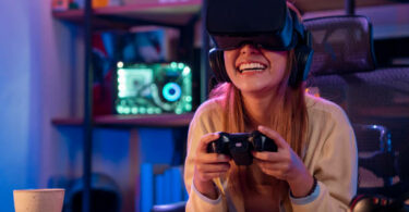 Health tips for gamers woman playing video games with a joystick and VR headset at home